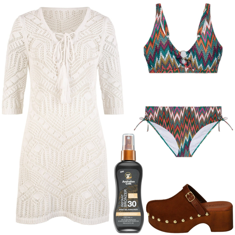 Outfit donna - Colorful bikini. Stile Boho per Mare. Abbinamento con vestiti da spiaggia, terre, ciabatte, bikini.