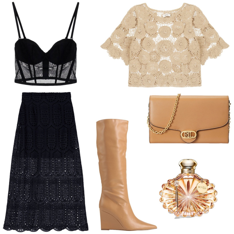 Outfit donna - Stivali estivi per stupire. Stile Trendy per Serata fuori. Abbinamento con stivali, profumi, top, borse a tracolla, gonne lunghe, maglieria.