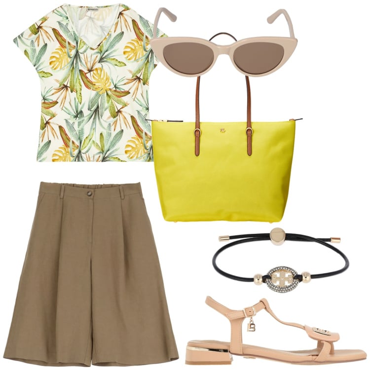Outfit donna - In giro per la citta. Stile Casual chic per Tutti i giorni. Abbinamento con sandali, borse tote, bermuda, t-shirt, occhiali da sole, braccialetti.