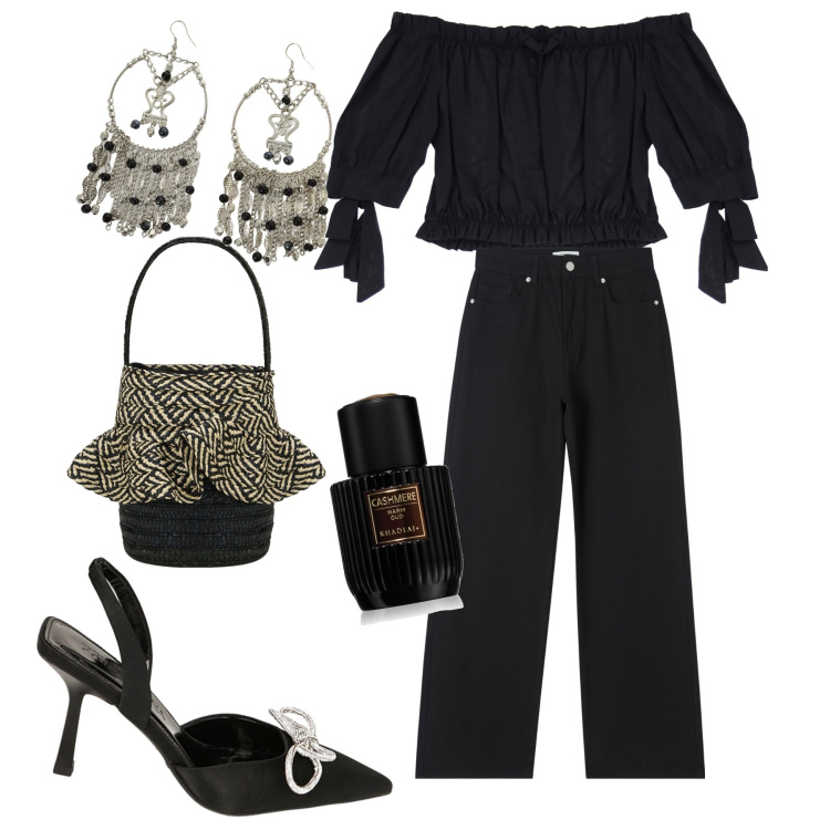 Outfit donna - Slingback gioiello. Stile Glamour per Serata fuori. Abbinamento con profumi, pantaloni, bluse, décolleté, borse a secchiello, orecchini.