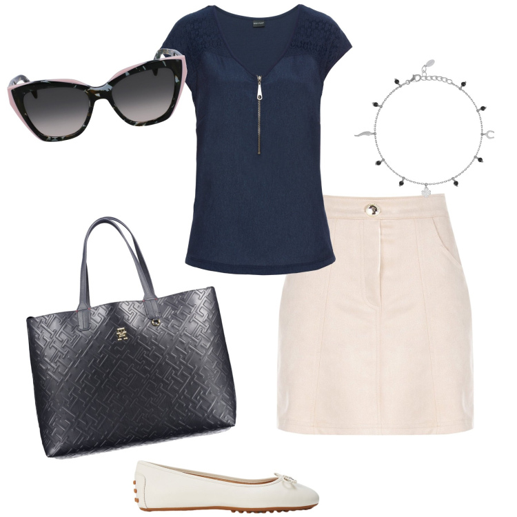 Outfit donna - Bon ton sul mercato. Stile Bon Ton per Tutti i giorni. Abbinamento con t-shirt, braccialetti con ciondoli, minigonne, ballerine, occhiali da sole, borse a spalla.