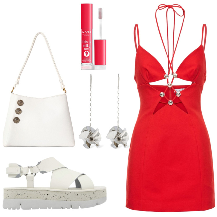 Outfit donna - Cherry red details - il gloss. Stile Basic per Tutti i giorni. look ideale per Petite. Abbinamento con gloss, sandali, borse a spalla, orecchini, vestiti.