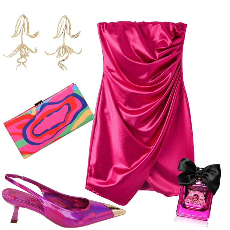 Outfit donna - Sconti da favola. Stile Glamour per Serata fuori. Abbinamento con vestiti asimmetrici, profumi, orecchini, décolleté, pochette.