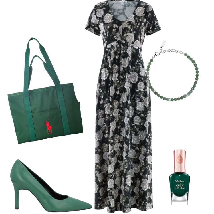 Outfit donna - Verde. Stile Glamour per Tutti i giorni. Abbinamento con vestiti lunghi, décolleté, smalti, braccialetti, borse tote.