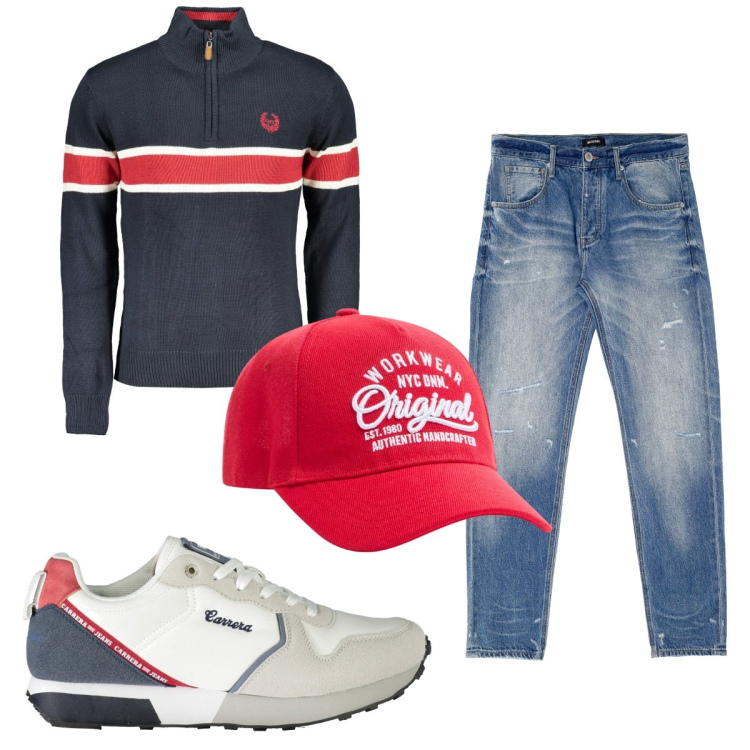 Outfit uomo - Total look #1914473. Stile Trendy per Tutti i giorni. Abbinamento con cappelli, jeans dritti, maglieria, sneakers.