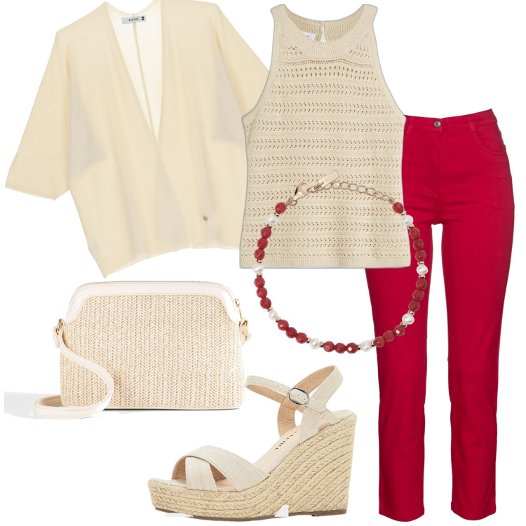 Outfit donna - Pantaloni cherry. Stile Casual chic per Tutti i giorni. Abbinamento con pantaloni, sandali, borse a tracolla, top, braccialetti, cardigans.