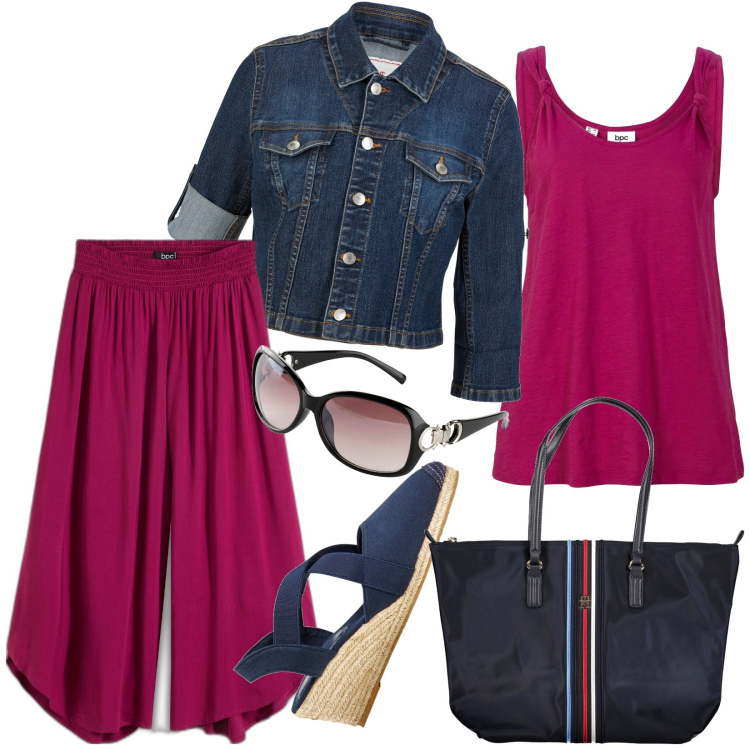 Outfit donna - Completo estivo casual cherry red. Stile Casual per Tutti i giorni. Abbinamento con pantaloni culotte, top, blazer, sandali col tacco, occhiali da sole, borse a spalla.