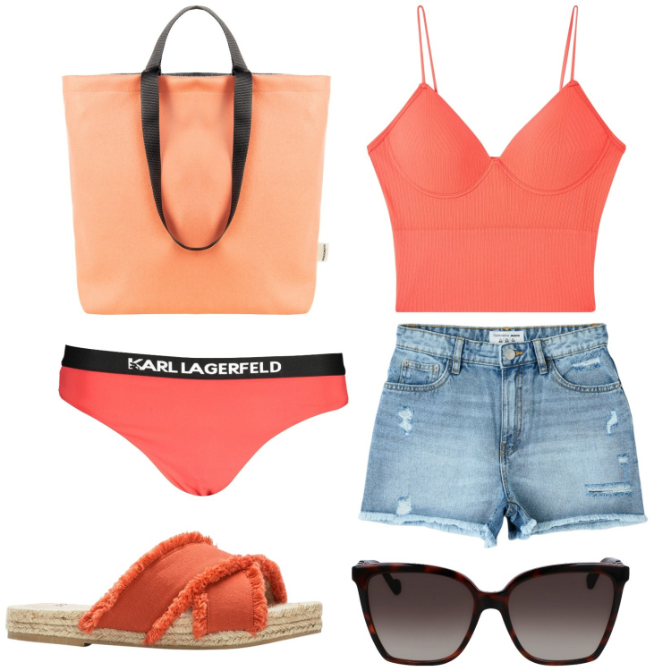 Outfit donna - Voglia di mare. Stile Casual per Tutti i giorni. Abbinamento con ciabatte, shorts, top, borse tote, occhiali da sole, costumi.
