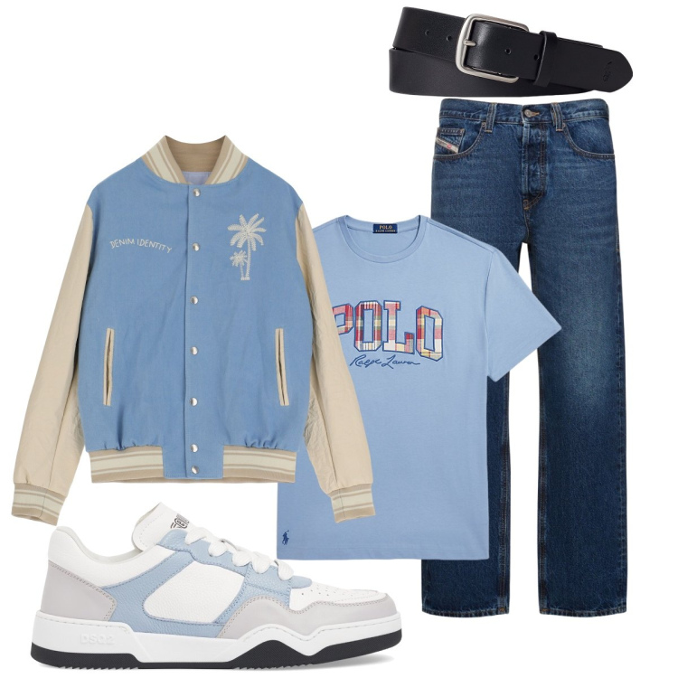 Outfit uomo - Total look #1914498. Stile Trendy per Tutti i giorni. Abbinamento con giacche, cinture, t-shirt, jeans dritti, sneakers.