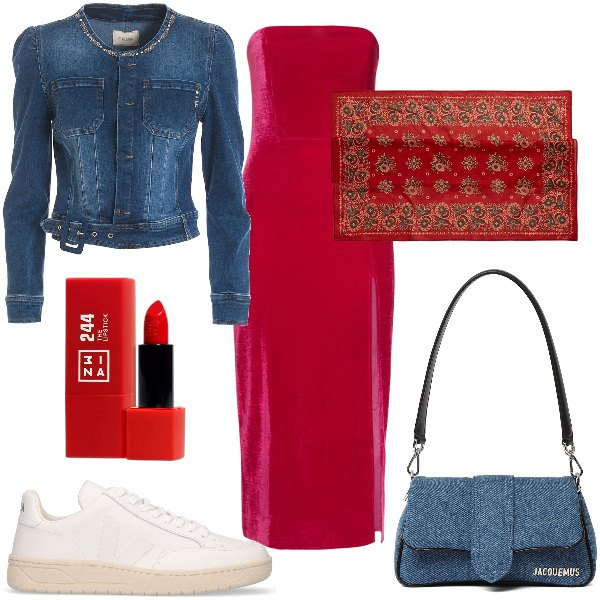 Outfit donna - Total look #1914500. Stile Trendy per Serata fuori. Abbinamento con rossetti, blazer, foulard, vestiti midi/longuette, sneakers, borse a mano.