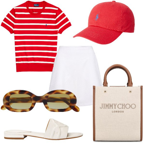 Outfit donna - Total look #1914502. Stile Sporty chic per Tutti i giorni. Abbinamento con cappelli, maglieria, sandali in pelle, shorts, shopping bag, occhiali da sole.