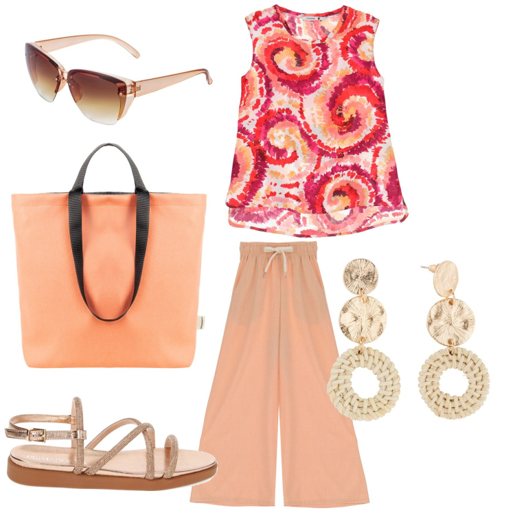 Outfit donna - Passeggiata al mare al tramonto. Stile Casual chic per Tutti i giorni. Abbinamento con occhiali da sole, orecchini, borse tote, canottiere, pantaloni a palazzo, sandali gioiello.