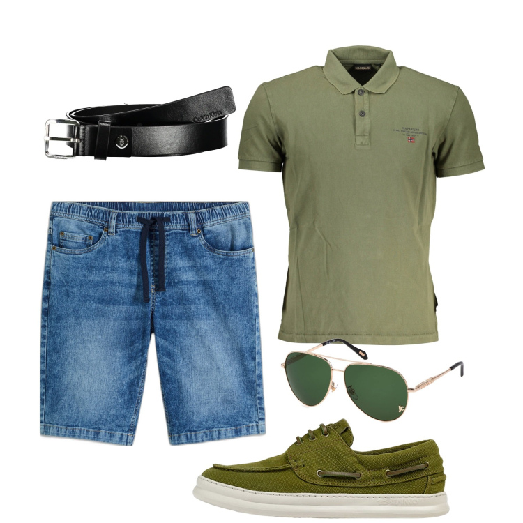 Outfit uomo - Polo muschio. Stile Casual per Tutti i giorni. Abbinamento con bermuda, scarpe stringate, cinture, polo, occhiali da sole.