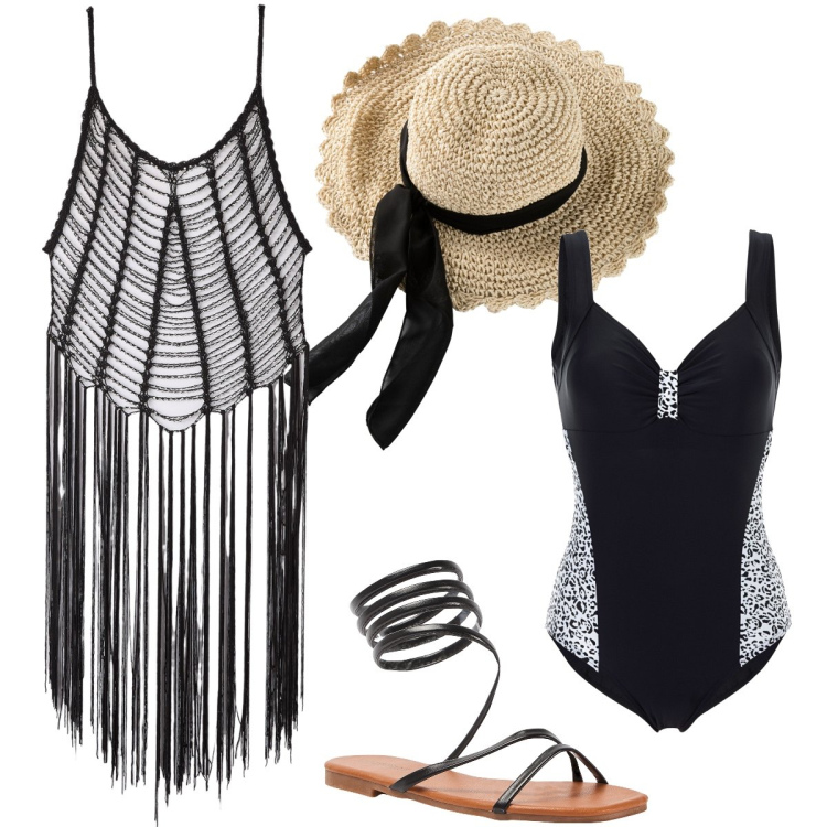 Outfit donna - Il vestito a rete. Stile Sexy per Mare. Abbinamento con cappelli, costumi interi, vestiti, sandali.