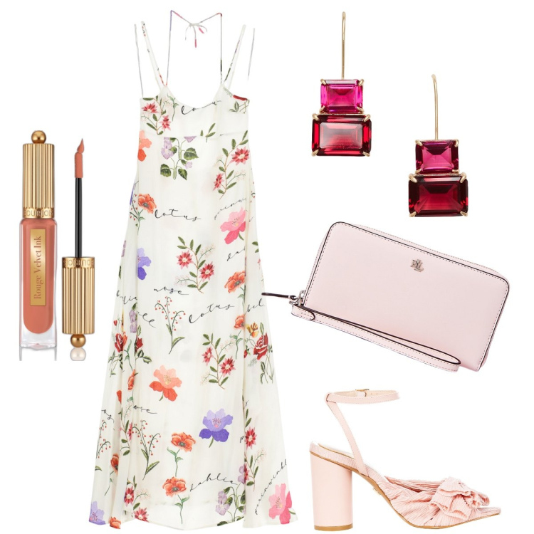 Outfit donna - Fiori delicati. Stile Romantica per Cerimonia. Abbinamento con rossetti, sandali col tacco, vestiti lunghi, orecchini, pochette.