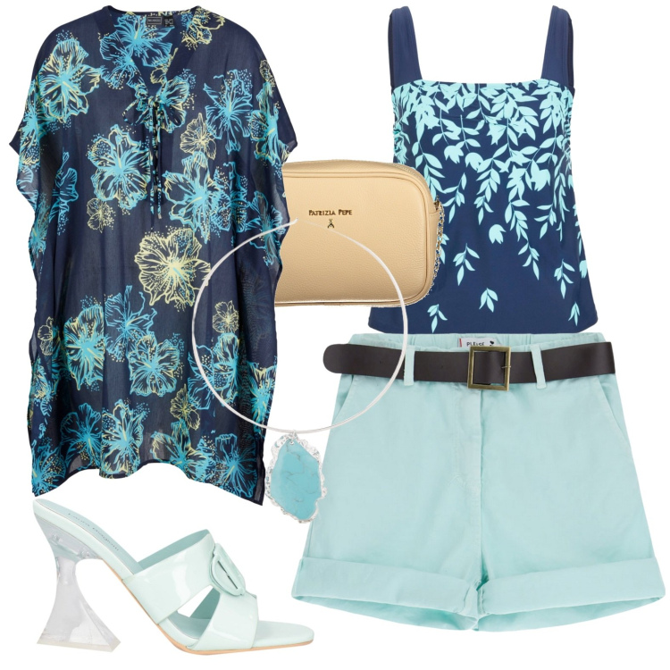 Outfit donna - Total look #1914538. Stile Casual per Mare. Abbinamento con vestiti da spiaggia, costumi interi, sandali col tacco, shorts, ciondoli, borse a tracolla.