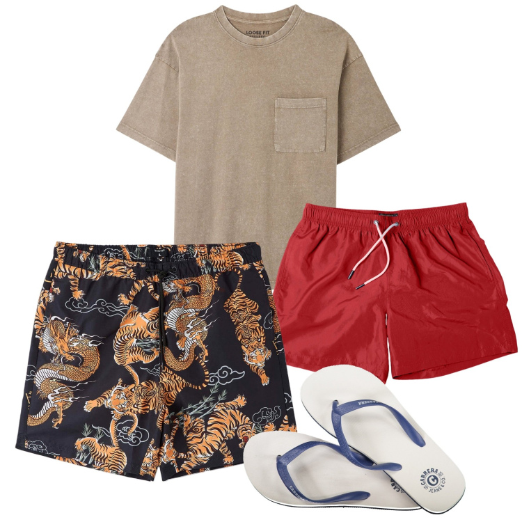Outfit uomo - Colori!. Stile Casual per Mare. Abbinamento con t-shirt, bermuda, costumi, sandali.