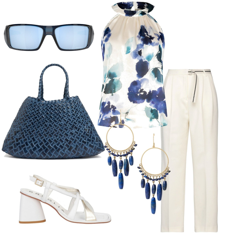 Outfit donna - Total look #1914554. Stile Chic per Serata fuori. Abbinamento con pantaloni, sandali in pelle, top, orecchini, borse a mano, occhiali da sole.