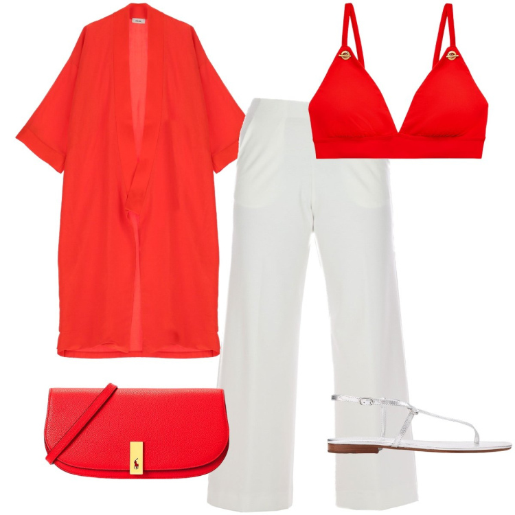 Outfit donna - Tra il rosso e il bianco. Stile Trendy per Serata fuori. Abbinamento con cardigans, top, sandali in pelle, clutch, pantaloni.