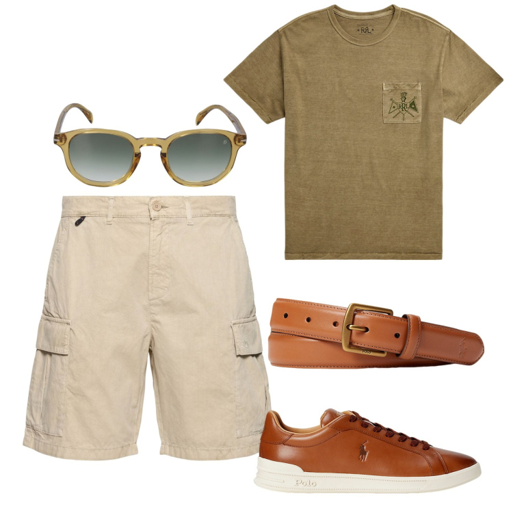 Outfit uomo - Explorer. Stile Casual per Tutti i giorni. Abbinamento con cinture, sneakers, t-shirt, occhiali da sole, shorts.