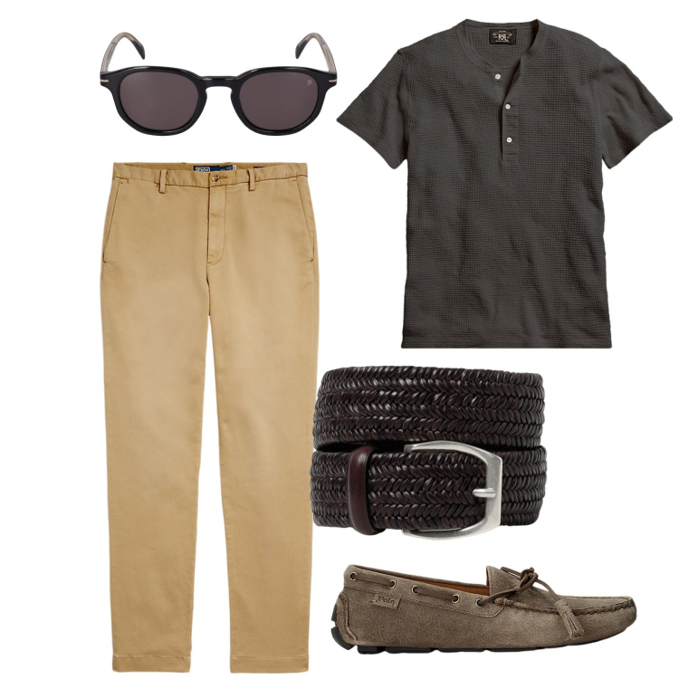 Outfit uomo - Qualcosa di naturale. Stile Trendy per Tutti i giorni. Abbinamento con t-shirt, scarpe stringate, pantaloni chino, occhiali da sole, cinture.