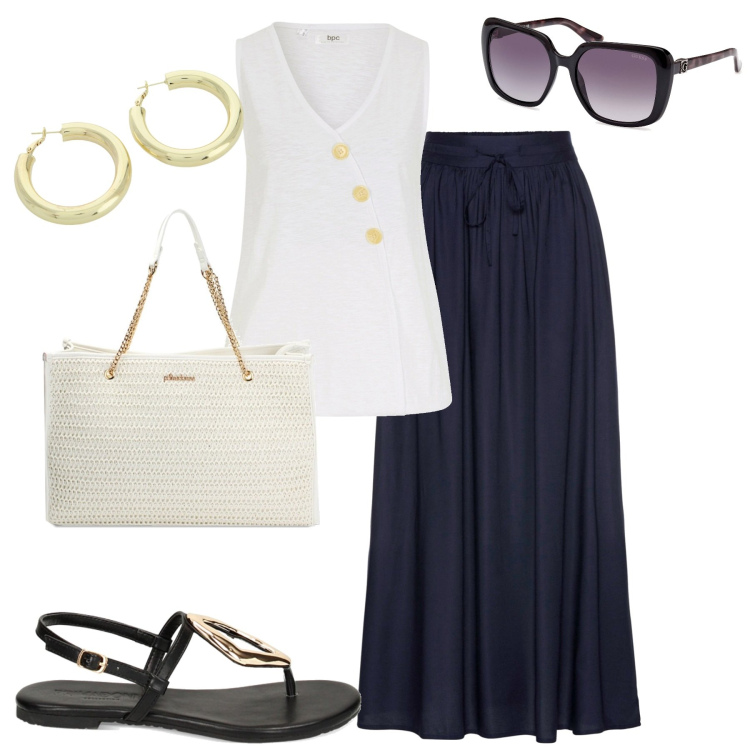 Outfit donna - Luglio. Stile Casual chic per Tutti i giorni. Abbinamento con gonne lunghe, top, orecchini, sandali, borse a spalla, occhiali da sole.