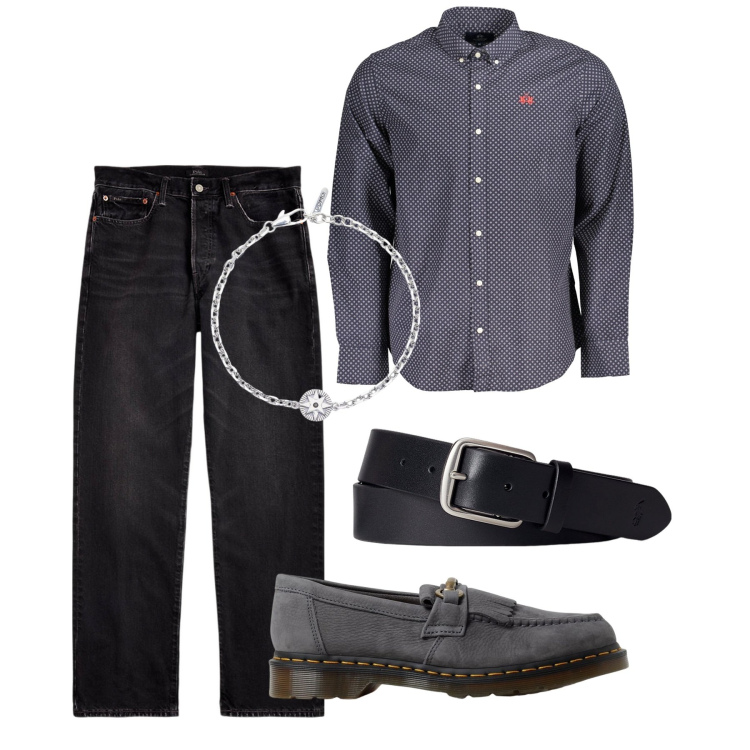 Outfit uomo - Tendente all\'elegante. Stile Casual per Serata speciale. Abbinamento con braccialetti, cinture, jeans dritti, scarpe stringate, camicie.