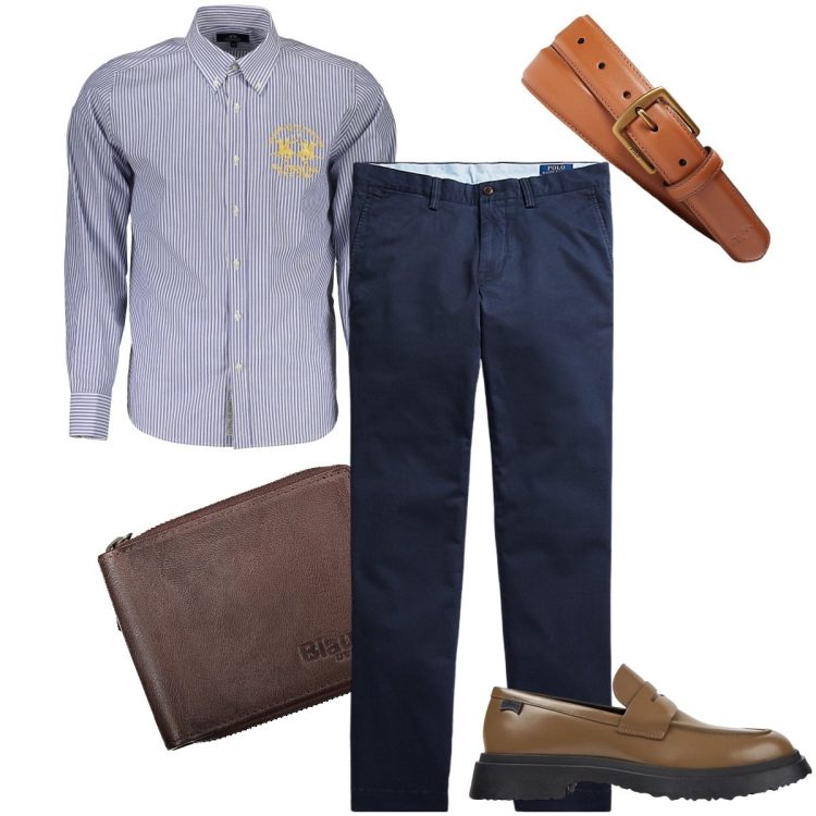 Outfit uomo - La camicia a righe. Stile Business/Elegante per Ufficio. Abbinamento con pantaloni, cinture, scarpe stringate, camicie, portafogli.
