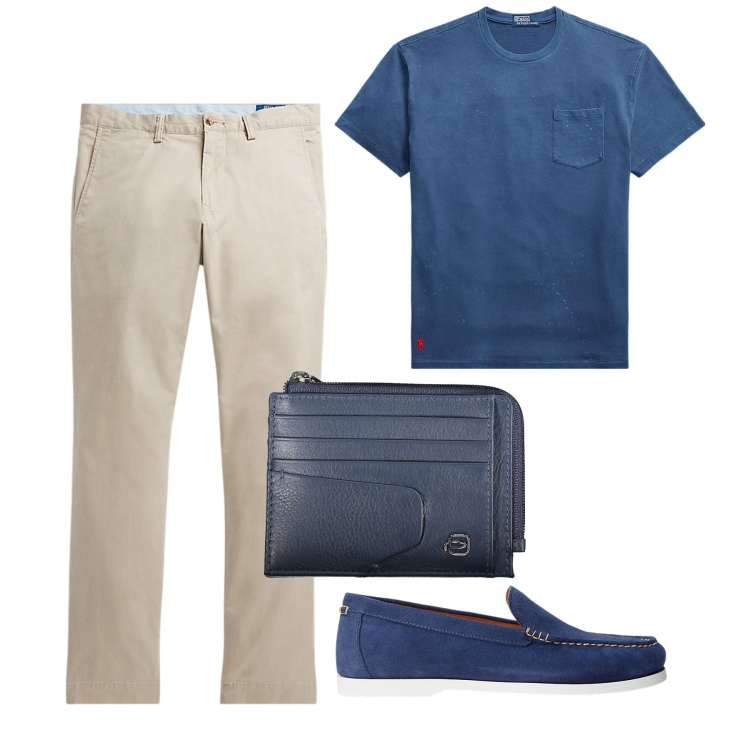 Outfit uomo - Blu. Stile Casual per Tutti i giorni. Abbinamento con pantaloni, scarpe stringate, t-shirt, portafogli.