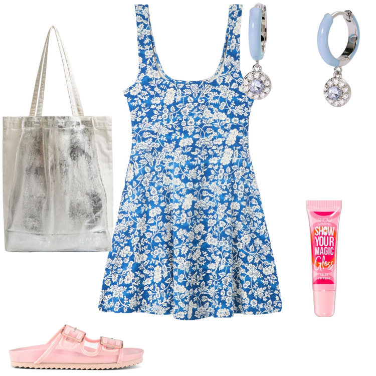 Outfit donna - Romanticamente. Stile Romantica per Tutti i giorni. Abbinamento con gloss, vestiti corti, shopping bag, orecchini, sandali.