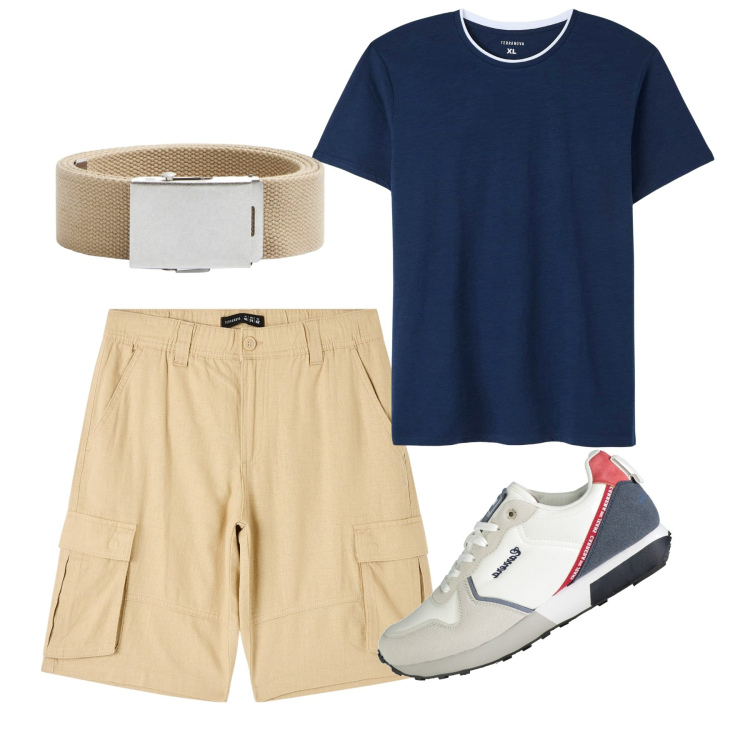 Outfit uomo - Passeggiata. Stile Casual per Tutti i giorni. Abbinamento con t-shirt, cinture, pantaloni corti, sneakers.