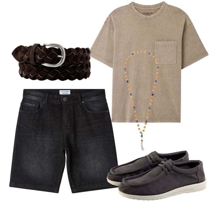 Outfit uomo - Antracite. Stile Urban per Tutti i giorni. Abbinamento con t-shirt, shorts, collane, scarpe stringate, cinture.