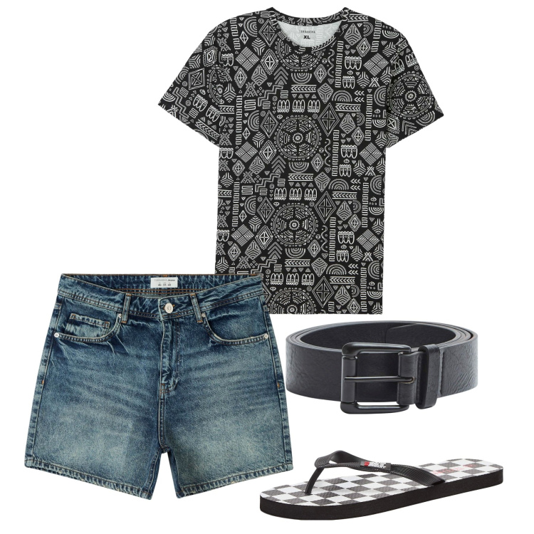 Outfit uomo - Casual estremo. Stile Casual per Tutti i giorni. Abbinamento con sandali, shorts, t-shirt, cinture.
