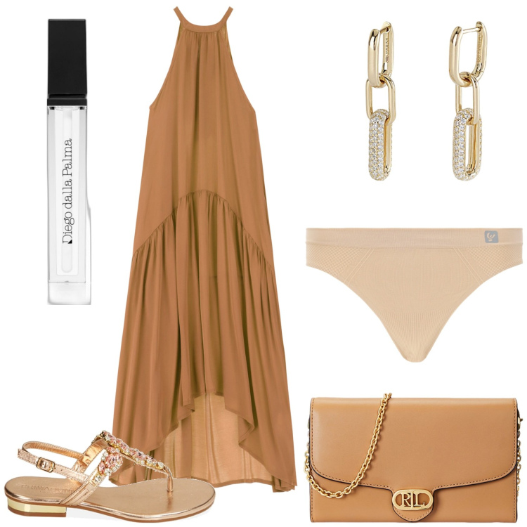 Outfit donna - Invito estivo. Stile Glamour per Tutti i giorni. Abbinamento con gloss, orecchini, perizomi, ciabatte, vestiti lunghi, borse a tracolla.