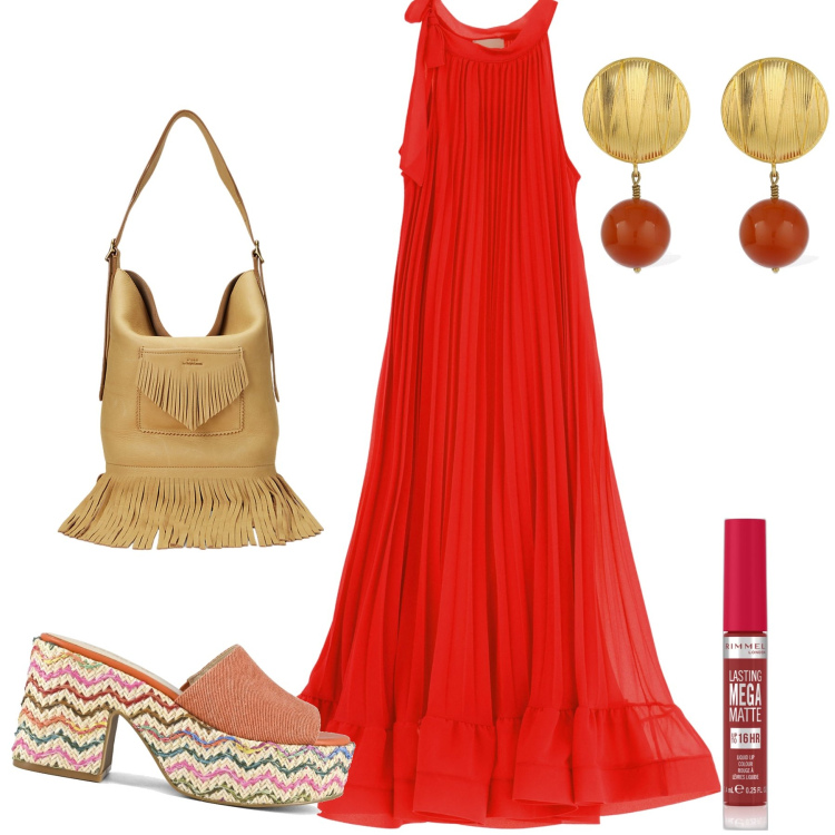 Outfit donna - Stasera davanti al mare. Stile Glamour per Serata fuori. Abbinamento con rossetti, borse a secchiello, vestiti lunghi, sandali, orecchini.