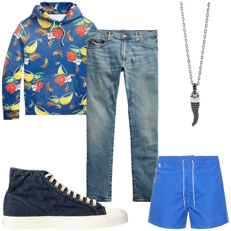 Outfit uomo - Total look #1914648. Stile Trendy per Mare. Abbinamento con collane, sneakers, jeans, felpe con cappuccio, costumi.