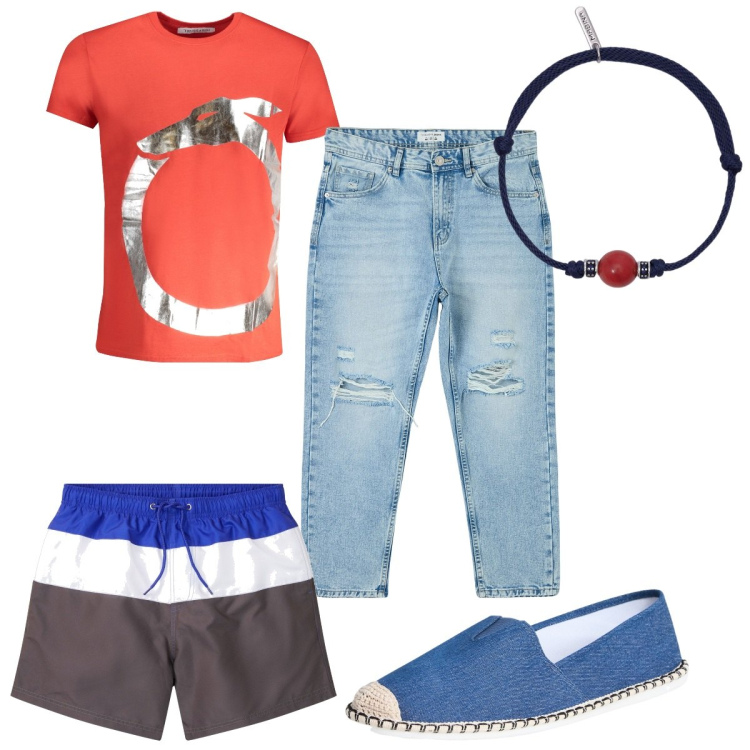 Outfit uomo - Total look #1914651. Stile Trendy per Mare. Abbinamento con costumi, jeans strappati, espadrillas, braccialetti, t-shirt.