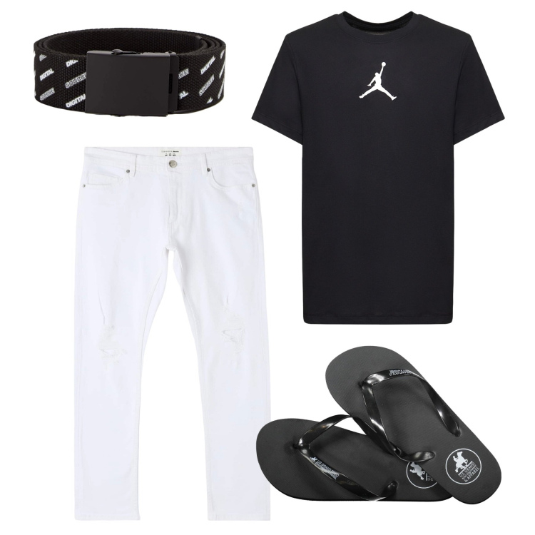 Outfit uomo - Bianco e nero summer. Stile Urban per Tutti i giorni. Abbinamento con jeans strappati, cinture, t-shirt, sandali.