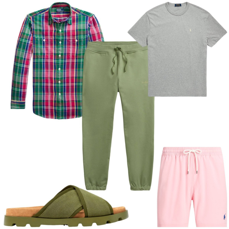 Outfit uomo - Total look #1914658. Stile Trendy per Mare. Abbinamento con t-shirt, pantaloni, camicie, costumi, sandali.