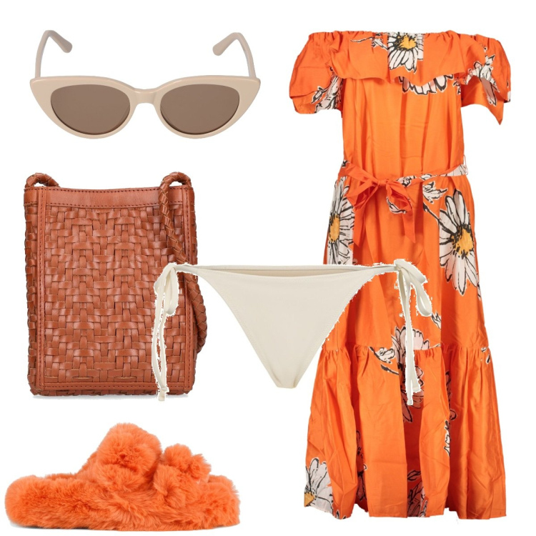 Outfit donna - Total look #1914670. Stile Trendy per Mare. Abbinamento con ciabatte, vestiti lunghi, bikini, occhiali da sole, borse a spalla.