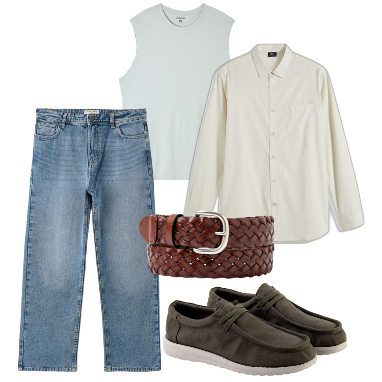 Outfit uomo - Con la camicia aperta. Stile Casual per Tutti i giorni. Abbinamento con camicie, t-shirt, jeans, scarpe stringate, cinture.