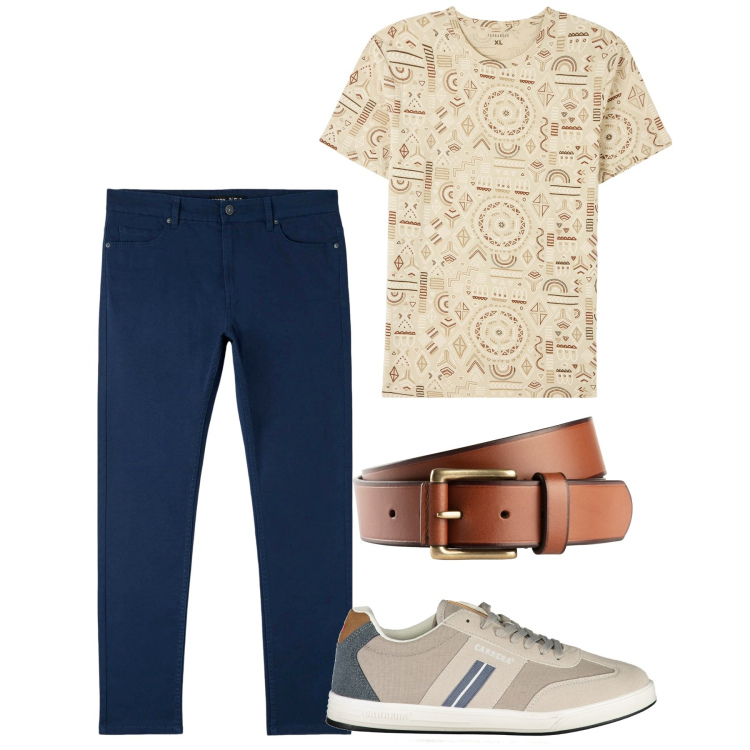 Outfit uomo - Mattina. Stile Casual per Tutti i giorni. Abbinamento con cinture, t-shirt, pantaloni skinny, sneakers.
