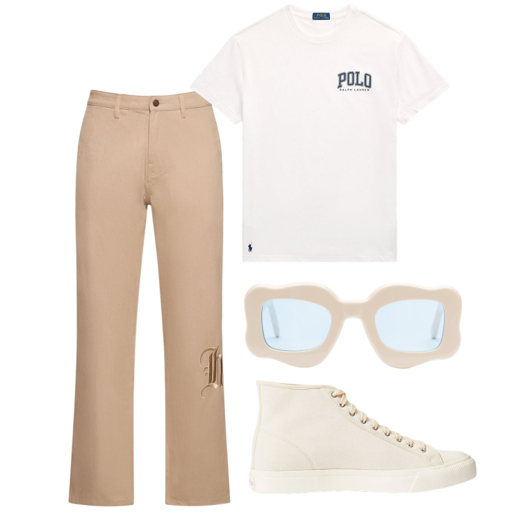 Outfit uomo - Simple. Stile Trendy per Tutti i giorni. Abbinamento con sneakers, t-shirt, pantaloni, occhiali da sole.