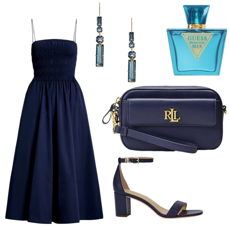 Outfit donna - Adorabileblu. Stile Bon Ton per Serata fuori. Abbinamento con profumi, pochette, vestiti, orecchini, sandali in pelle.