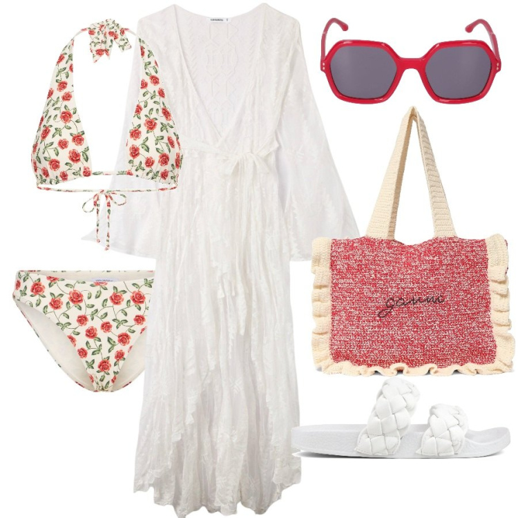 Outfit donna - Floreale in spiaggia. Stile Romantica per Mare. Abbinamento con vestiti da spiaggia, ciabatte, occhiali da sole, shopping bag, bikini, bikini.