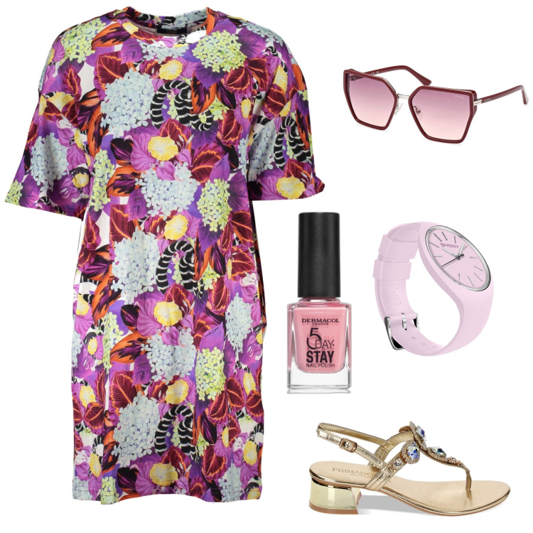 Outfit donna - Dettagli. Stile Glamour per Tutti i giorni. Abbinamento con smalti, orologi, sandali gioiello, vestiti corti, occhiali da sole.