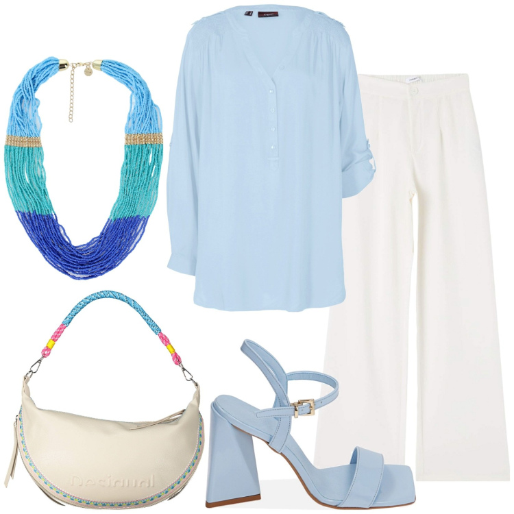 Outfit donna - Total look #1914717. Stile Casual chic per Ufficio. Abbinamento con tuniche, pantaloni, sandali col tacco, collane, borse a spalla.