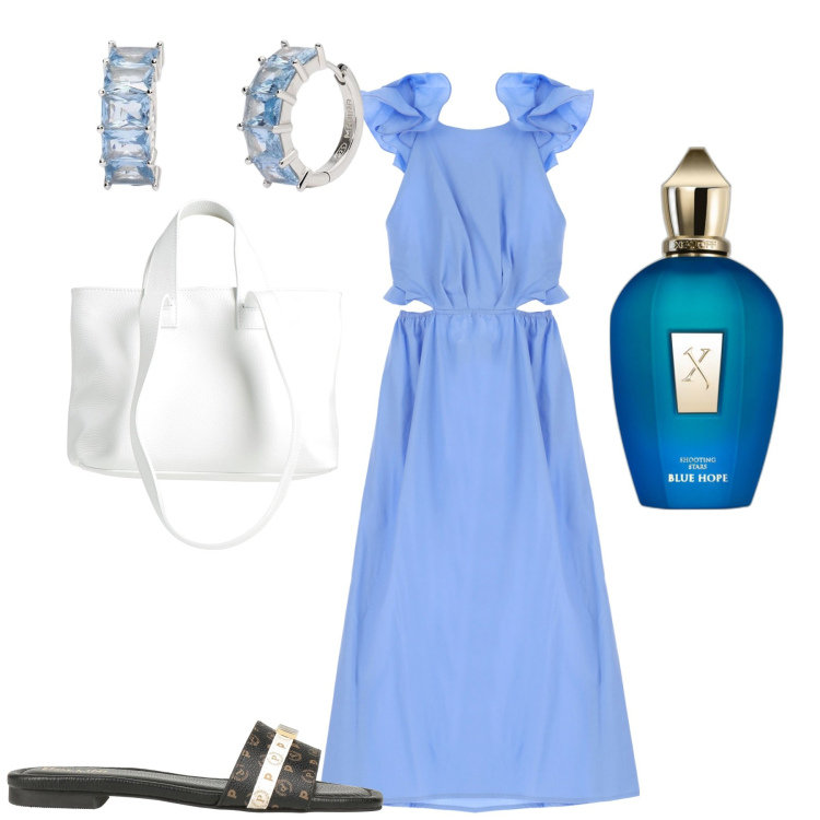 Outfit donna - Total look #1914729. Stile Casual chic per Tutti i giorni. Abbinamento con borse a mano, sandali in pelle, profumi, vestiti lunghi, orecchini.