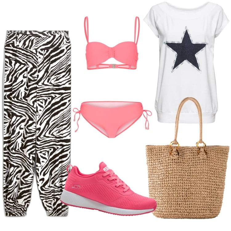 Outfit donna - Zebra & color a modo mio. Stile Casual per Mare. Abbinamento con t-shirt, pantaloni a palazzo, sneakers, bikini, shopping bag.