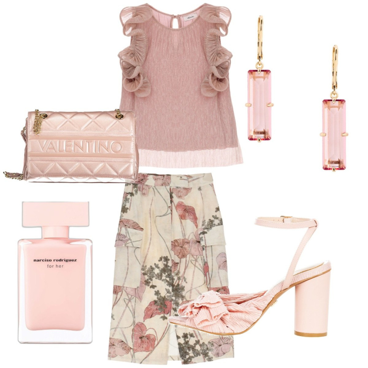 Outfit donna - Sere d\' estate. Stile Bon Ton per Serata fuori. Abbinamento con profumi, sandali col tacco, gonne longuette, top, orecchini, borse a spalla.